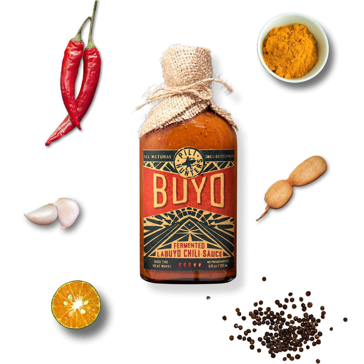 pili hunters fermented labuyo chili sauce, front of bottle with ingredients