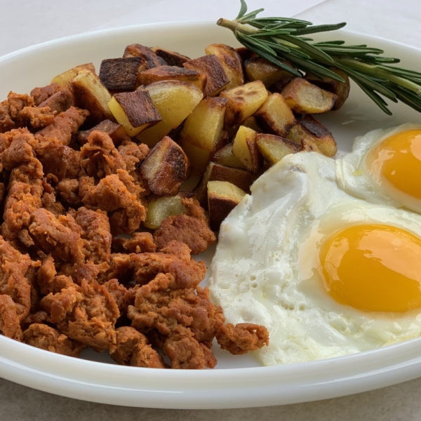 pastured chicken chorizo sausage and eggs with fried potatoes