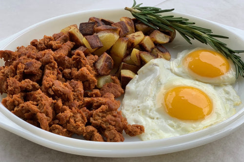 pastured chicken chorizo sausage and eggs with fried potatoes