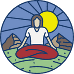 Line illustration of a person sitting in the lotus position in a green field with the sun in the background