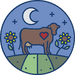 Line illustration of a cow with a big red heart in a field at night