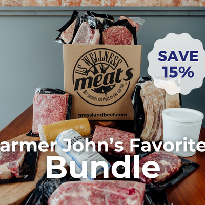Meat bundle that includes ground beef, bacon slices, ribeye steak, braunschweig, lamb loin chops, pork shoulder steak, and pork breakfast sausage with 'Farmer John's Favorites Bundle' text and a discount sign on a wooden table.