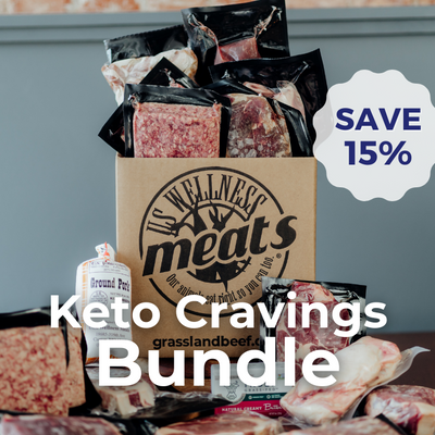 Keto Cravings Bundle including ground beef and fatty meats with Wellness Meats packaging on a wooden table.