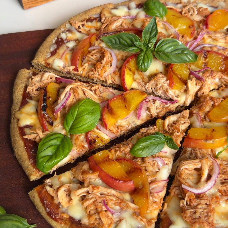 Caramelized Peach + BBQ Chicken Pizza