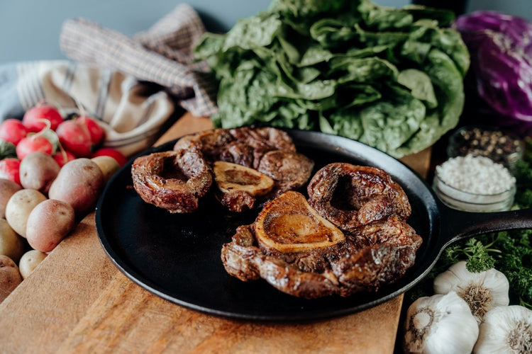 roasted grassfed beef osso buco on skillet