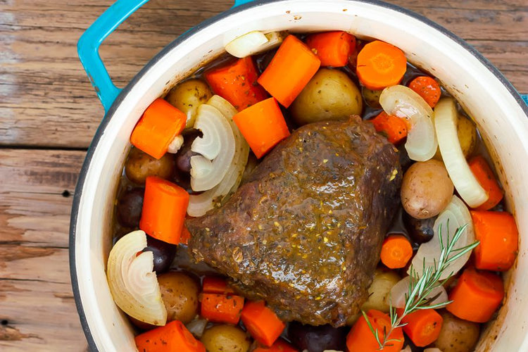 Precooked Pot Roast and Gravy with carrots, potatoes, onions